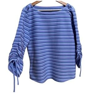 Talbots Women Baby Blue Pink Stripe 3/4 Sleeve Top Ruched Size L Nautical Office